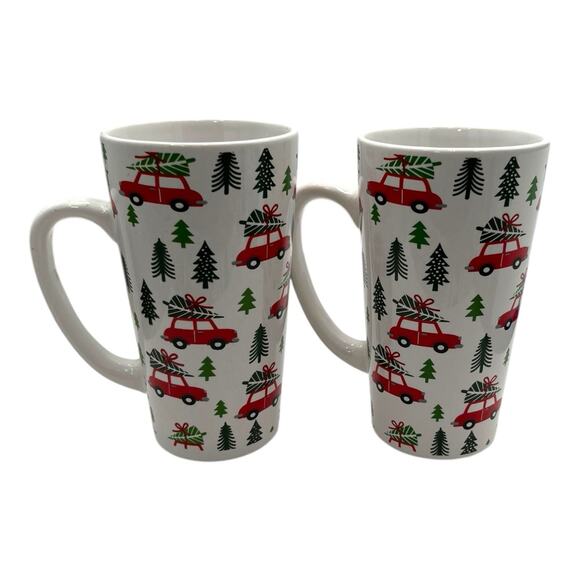 Set of 2 Harvest Trees & Red Cars Decorated Mug SCM Home Stoneware Tall 16oz EUC - Picture 3 of 7